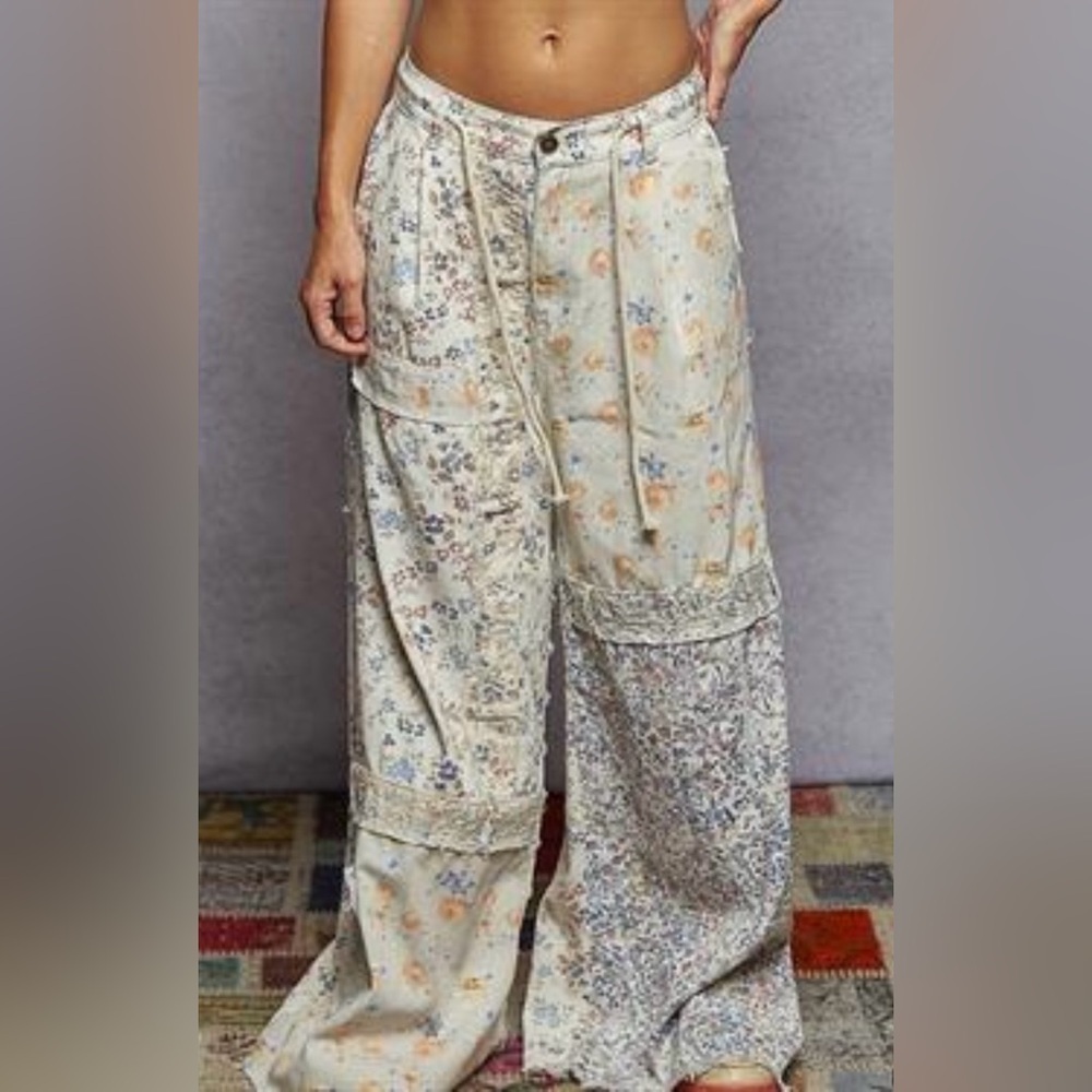 WYP38C POL Floral Wide Leg Jeans - Cream and Blue